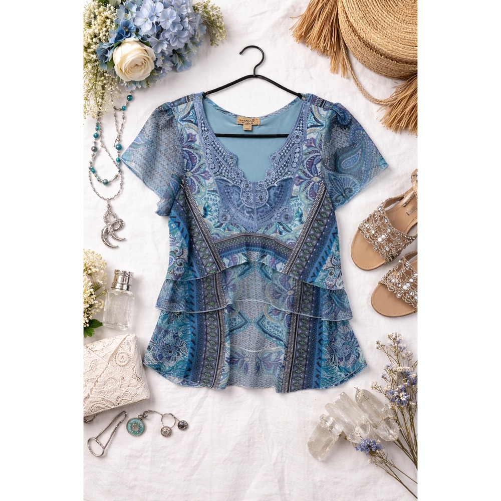 One World Whimsigoth Butterfly Lace Top Fairycore Tiered Mesh Y2K Boho Paisley S